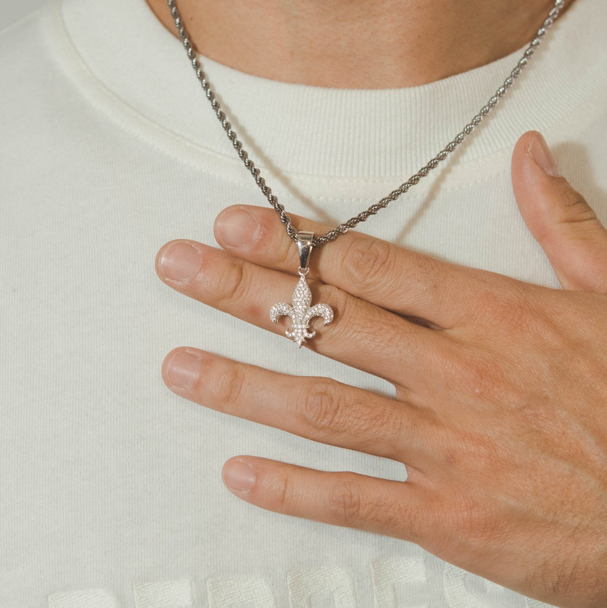 Iced Fleur-de-lis Pendant - White Gold - Cernucci